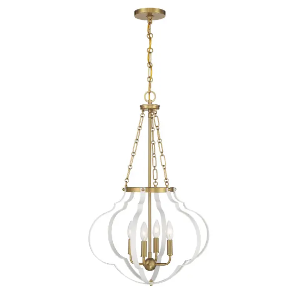 The Mercer pendant reimagines traditional design with an open, airy quatrefoil structure. The white and warm brass finish combination offers refined two-tone appeal that bridges classic and contemporary aesthetics.