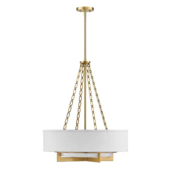 The Brentwood pendant combines timeless design with practical lighting through its white linen drum shade and glass diffuser below. The warm brass finish and jewelry-like prong details add sophistication to any space. - alternate view