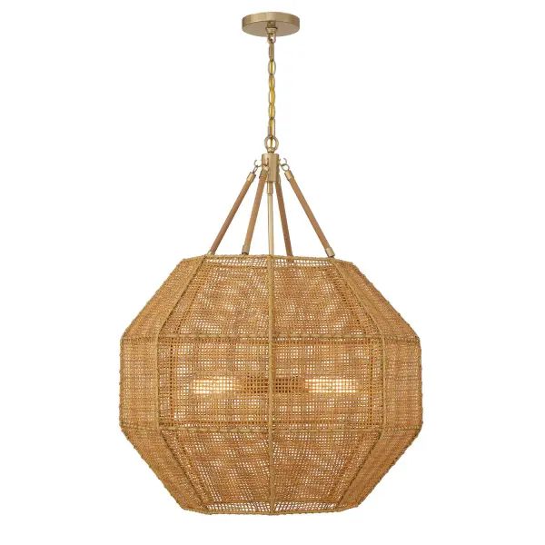 The Selby pendant masterfully blends natural rattan texture with refined brass metalwork. Its substantial 25-inch octagonal shade creates dramatic visual impact while the intricate woven pattern adds warmth and tactile appeal to any space.