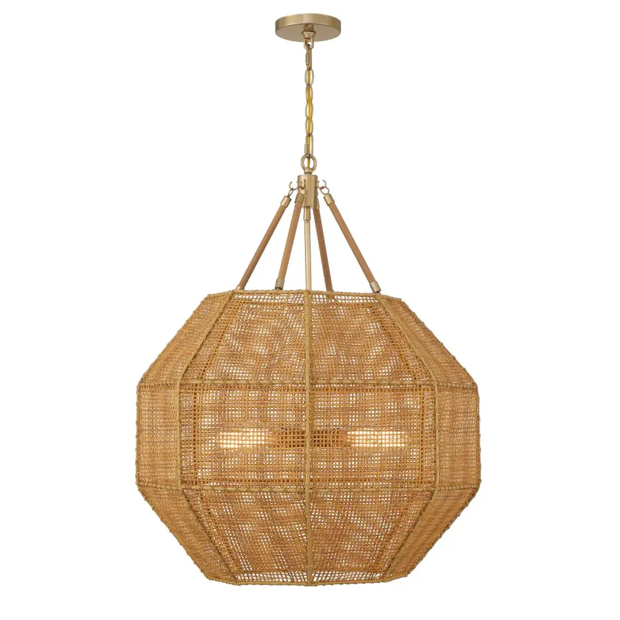 Selby Five Light Pendant in Burnished Brass with Natural Rattan - Image 1