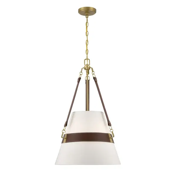 The Corinth pendant combines a crisp white fabric drum shade with distinctive leather belt accents and warm brass hardware for a refined, fashion-forward look. Its tailored design works beautifully in both residential and hospitality settings.