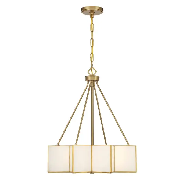 The Reiling pendant brings striking Art Deco style with its starburst silhouette and warm brass finish. White glass panes soften the light while the geometric design creates visual drama. Versatile sizing works in multiple spaces.