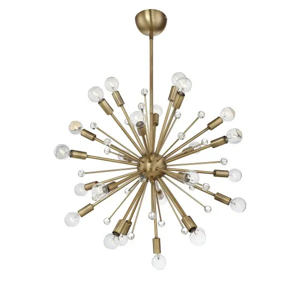 The Galea chandelier delivers dramatic mid-century modern style with 24 radiating arms topped with glass baubles. Its warm brass finish adds sophistication while the Sputnik silhouette creates instant visual impact in any space.