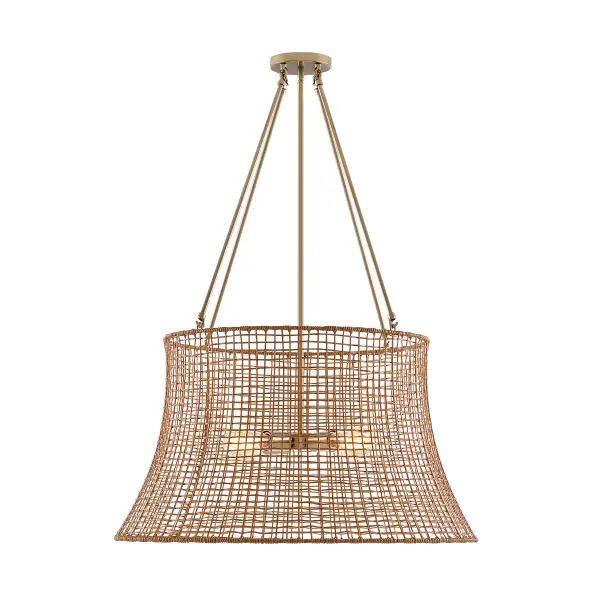 The Longleaf brings organic warmth outdoors with its distinctive rattan resin basket shade and rich Burnished Brass finish. At 28 inches wide, it's perfectly scaled for covered patios and dining areas while being damp-rated for durability.