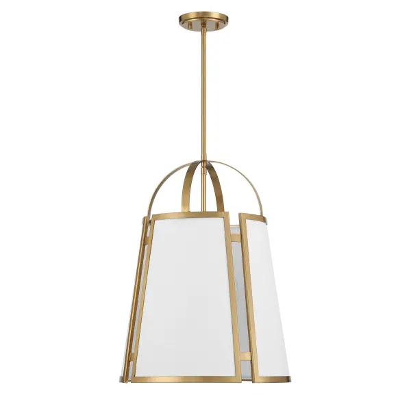 The Chartwell pendant combines refined metalwork with soft fabric shading for a sophisticated look. Its unique cutaway detailing and white linen panels create visual interest while providing warm, diffused light. The warm brass finish adds timeless elegance. - alternate view