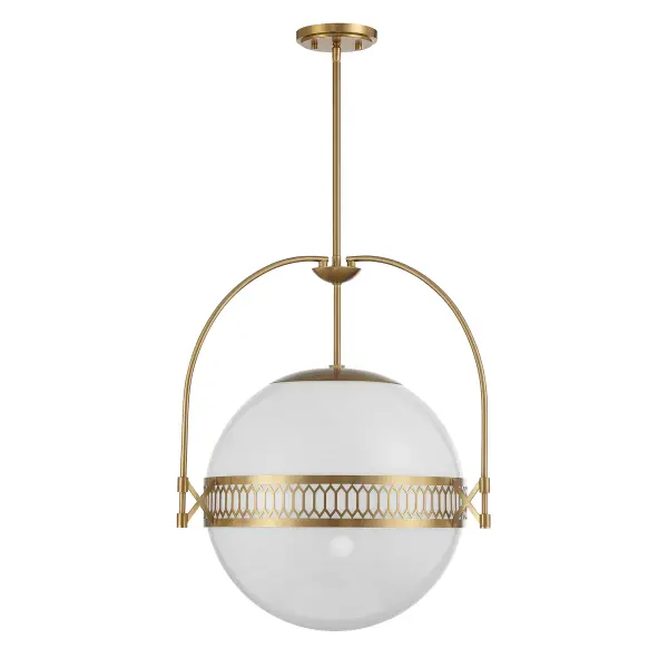 The Thornhill pendant captivates with its swirling strie glass orb and refined warm brass detailing. Its transitional design bridges traditional elegance and contemporary simplicity, making it versatile across multiple room styles. - alternate view