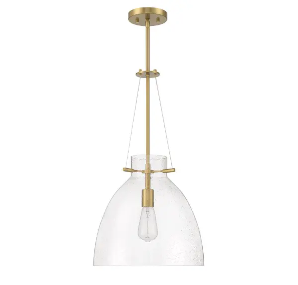 The Foster pendant combines a gently curved seeded glass shade with warm brass hardware for a refined, versatile look. Its 14-inch width makes it ideal for dining tables, kitchen islands, and entryways without overwhelming the space. - alternate view