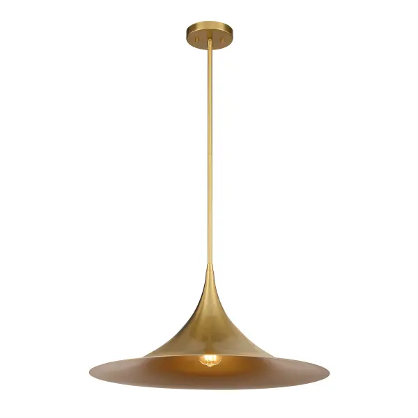 The Bowdin pendant delivers bold simplicity with its 24-inch curved metal shade in warm brass. Perfect for making a statement over dining tables or kitchen islands, either solo or in multiples.