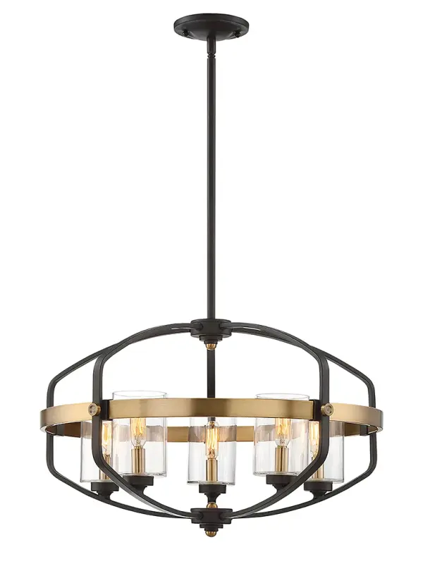 The Kirkland pendant delivers edgy, architectural style with its distinctive English bronze and warm brass two-tone finish. Five exposed bulbs create visual interest while the 24-inch linear design suits modern dining and kitchen spaces.