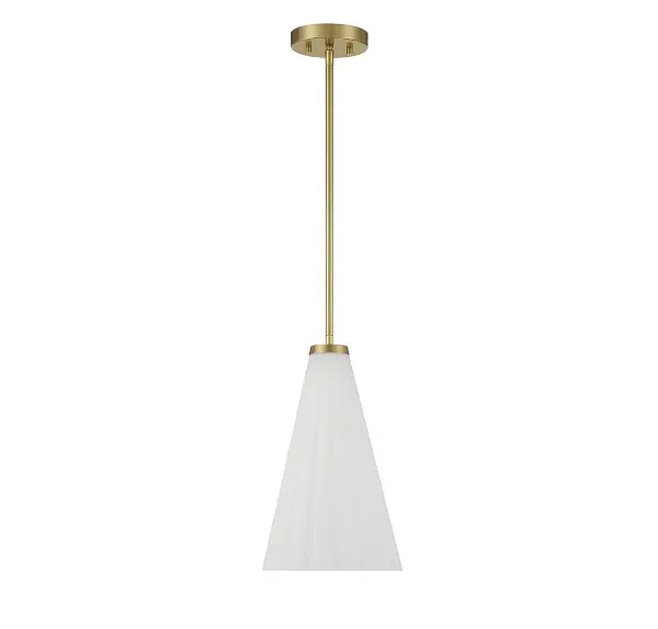 The Bristol pendant combines classic elegance with versatile styling through its fluted white opal glass shade and warm brass finish. Its compact 9-inch width makes it ideal for solo installation or grouped arrangements. - alternate view