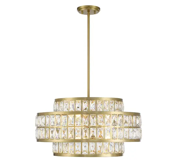 The Renzo pendant combines faceted clear crystal with warm brass in a sophisticated two-layer design. Its 22-inch width makes it versatile for dining rooms, foyers, and kitchen islands, while the adjustable height accommodates various ceiling configurations.