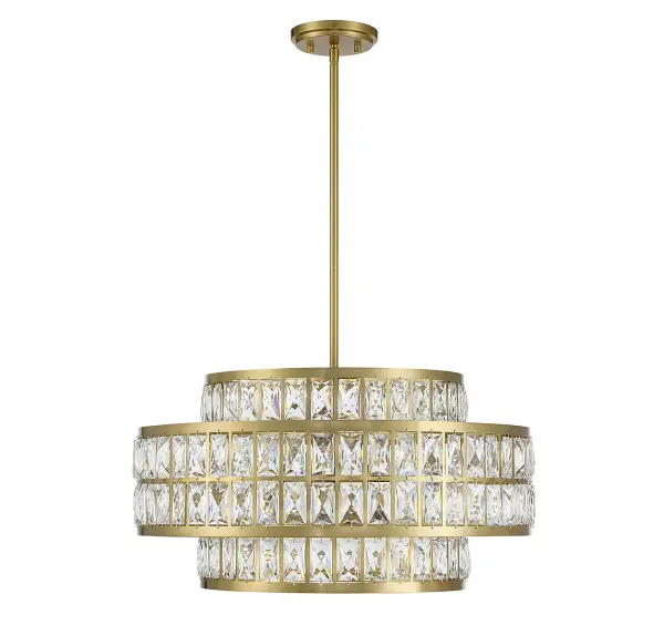 The Renzo pendant combines faceted clear crystal with warm brass in a sophisticated two-layer design. Its 22-inch width makes it versatile for dining rooms, foyers, and kitchen islands, while the adjustable height accommodates various ceiling configurations. - alternate view