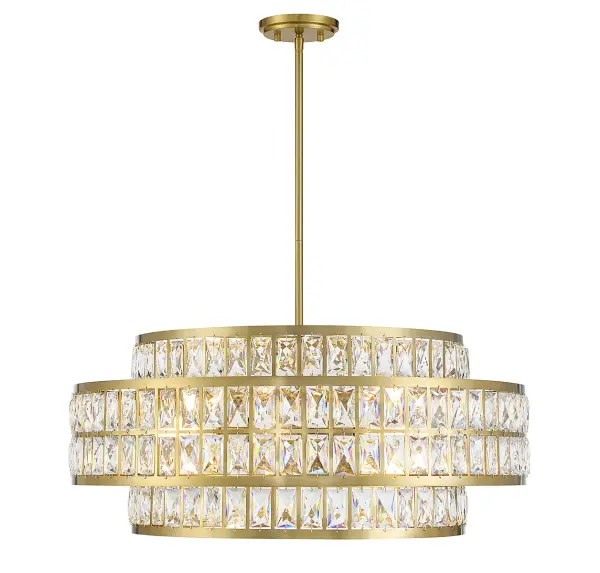 The Renzo pendant combines faceted clear crystal with warm brass in a sophisticated two-layer design. At 28 inches wide, it makes a statement without overwhelming the space. The adjustable height and dimmable capability offer excellent versatility.