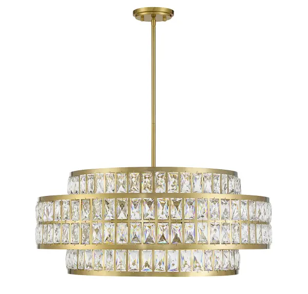 The Renzo pendant combines faceted clear crystal with warm brass in a sophisticated two-layer design. At 28 inches wide, it makes a statement without overwhelming the space. The adjustable height and dimmable capability offer excellent versatility. - alternate view