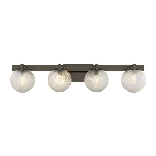 The Darien 4-light bath bar combines modern minimalism with striking visual texture. Mediterranean Bronze framing showcases four Ice Glass orbs that create dimensional light diffusion perfect for vanity lighting.