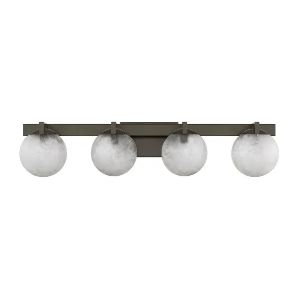 The Darien 4-light bath bar combines modern minimalism with striking visual texture. Mediterranean Bronze framing showcases four Ice Glass orbs that create dimensional light diffusion perfect for vanity lighting. - alternate view