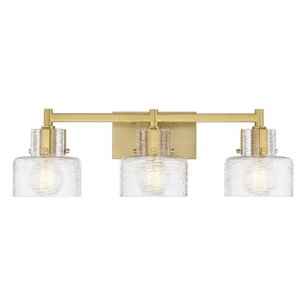 The Dover 3-light vanity brings sophisticated coastal style to bathroom lighting with its ocean wave-textured glass shades and warm brass finish. Visible hardware adds vintage character while the 25-inch width suits medium to large vanities.