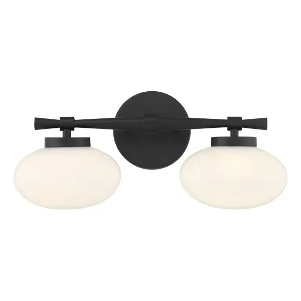 The Barrow 2-light vanity brings midcentury modern elegance to bathroom spaces with swirling strie glass shades and clean matte black finish. Compact at 17" wide, it's ideal for smaller vanities while delivering ample task lighting.