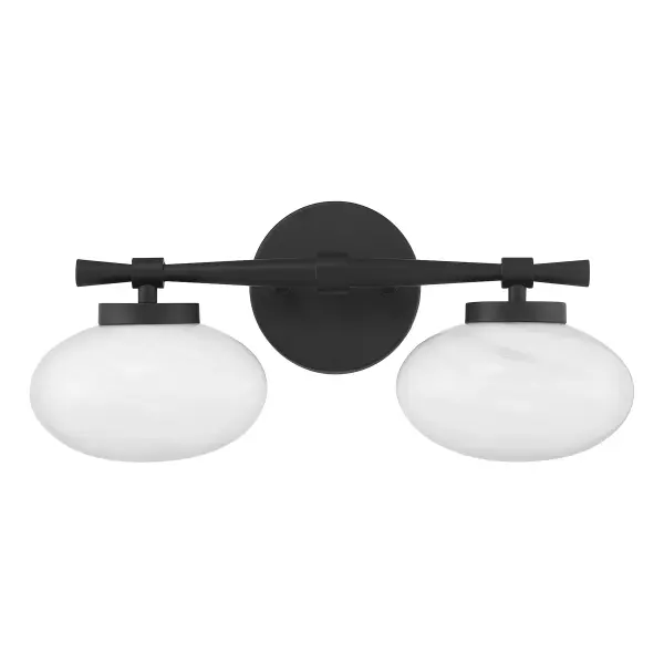The Barrow 2-light vanity brings midcentury modern elegance to bathroom spaces with swirling strie glass shades and clean matte black finish. Compact at 17" wide, it's ideal for smaller vanities while delivering ample task lighting. - alternate view