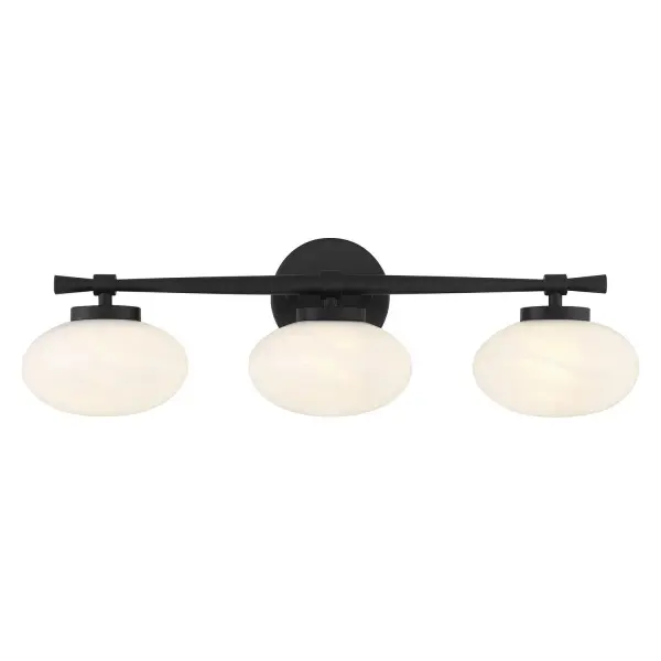 The Barrow 3-light vanity brings midcentury modern elegance to bathroom spaces with its distinctive oval strie glass shades and matte black finish. At 25 inches wide, it's perfectly sized for standard vanities.