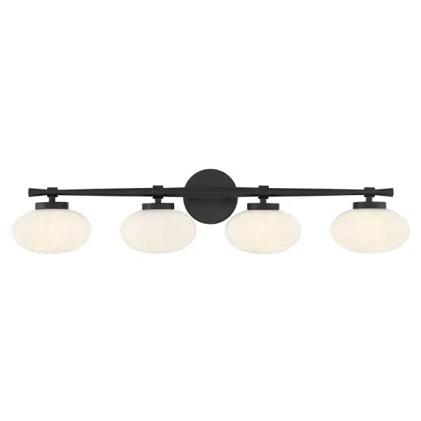 The Barrow 4-light vanity brings sophisticated mid-century style to bathroom spaces with its distinctive oval strie glass shades and matte black finish. At nearly 34 inches wide, it provides excellent illumination for larger vanities.
