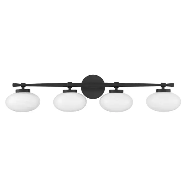 The Barrow 4-light vanity brings sophisticated mid-century style to bathroom spaces with its distinctive oval strie glass shades and matte black finish. At nearly 34 inches wide, it provides excellent illumination for larger vanities. - alternate view