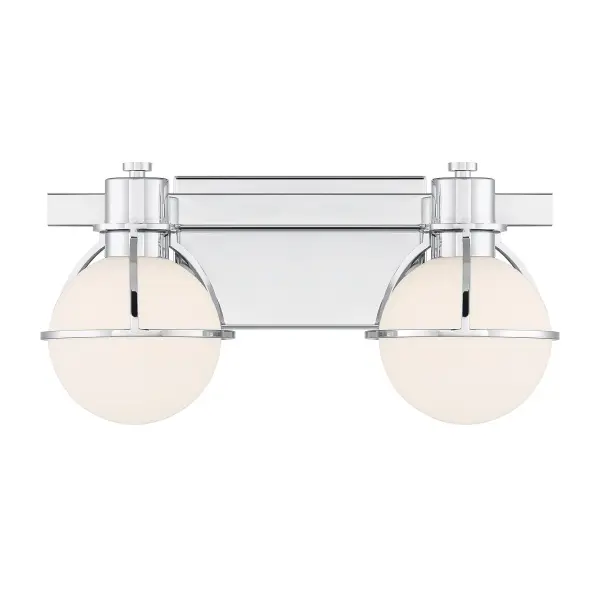 The Pierce 2-light vanity brings factory-inspired charm to bathroom lighting with its distinctive half-cage design and bright opal glass globes. Chrome finish adds contemporary polish while maintaining industrial character.