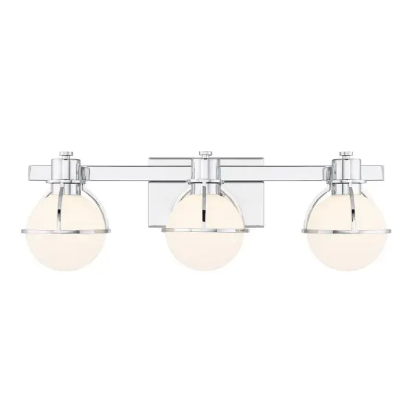 The Pierce 3-light bath bar combines vintage industrial design with modern functionality. Chrome half-cage frames cradle white opal glass globes for bright, even illumination perfect for bathroom tasks.