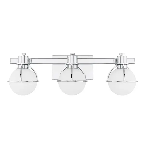 The Pierce 3-light bath bar combines vintage industrial design with modern functionality. Chrome half-cage frames cradle white opal glass globes for bright, even illumination perfect for bathroom tasks. - alternate view
