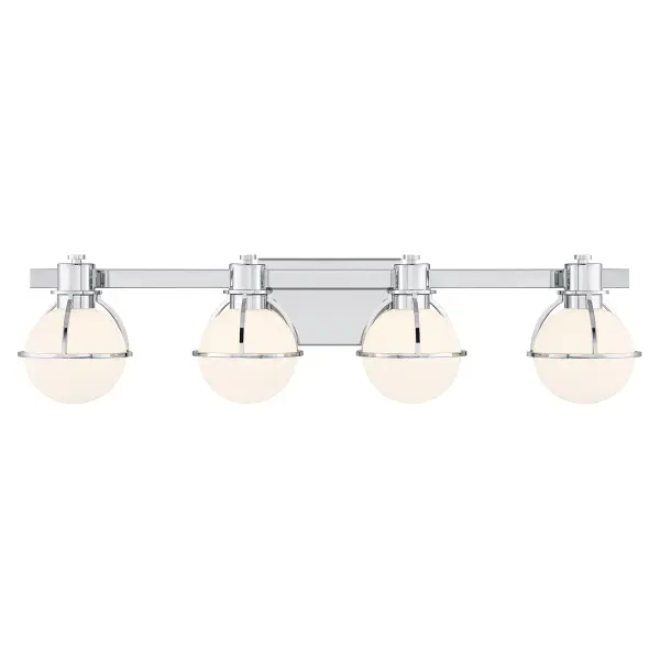 The Pierce 4-light vanity fixture combines factory-inspired design with practical bathroom lighting. Chrome half-cage frames and opal glass globes deliver both visual interest and bright, even illumination across 32 inches.