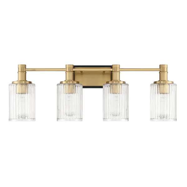 The Concord vanity light combines ribbed glass shades with mixed metal finishes for a sophisticated bathroom upgrade. Its 30.75-inch width provides excellent illumination for medium to large vanities while the damp rating ensures durability. - alternate view