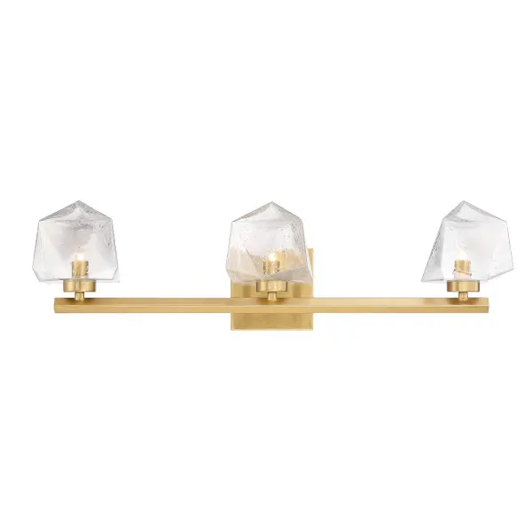 The Castello vanity light combines striking geometric design with practical LED illumination. Its hammered glass shades create beautiful light diffusion while the warm brass finish adds sophisticated warmth to any bathroom.