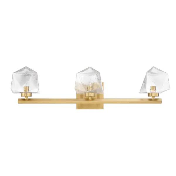 The Castello vanity light combines striking geometric design with practical LED illumination. Its hammered glass shades create beautiful light diffusion while the warm brass finish adds sophisticated warmth to any bathroom. - alternate view