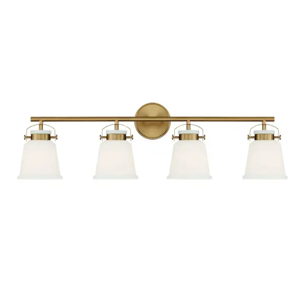 The Kaden 4-light vanity combines timeless design with industrial-inspired hardware in a warm brass finish. White opal glass shades provide even, flattering illumination perfect for bathroom tasks.