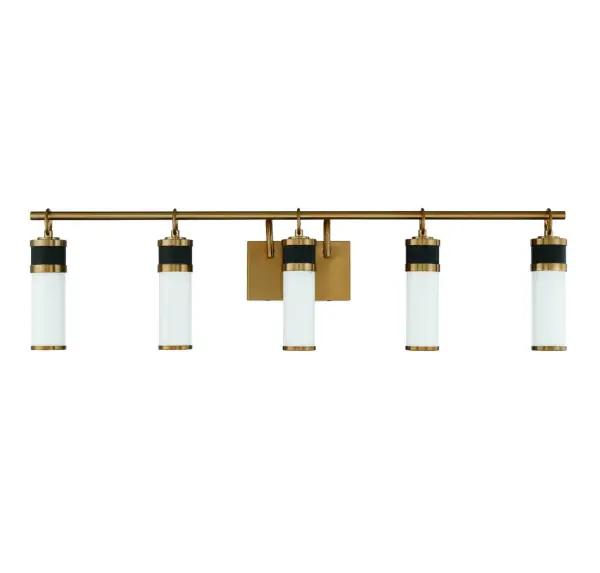 Abel 5-Light LED Bathroom Vanity Light in Matte Black with Warm Brass Accents - Image 2
