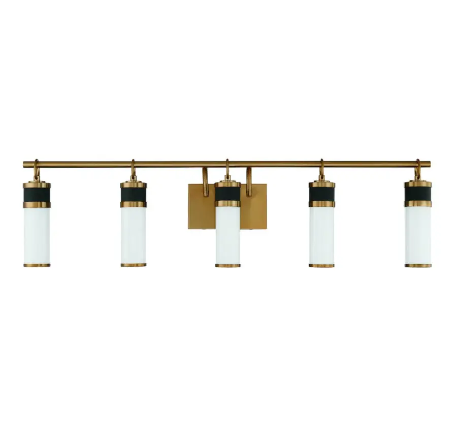 Abel 5-Light LED Bathroom Vanity Light in Matte Black with Warm Brass Accents - Image 2