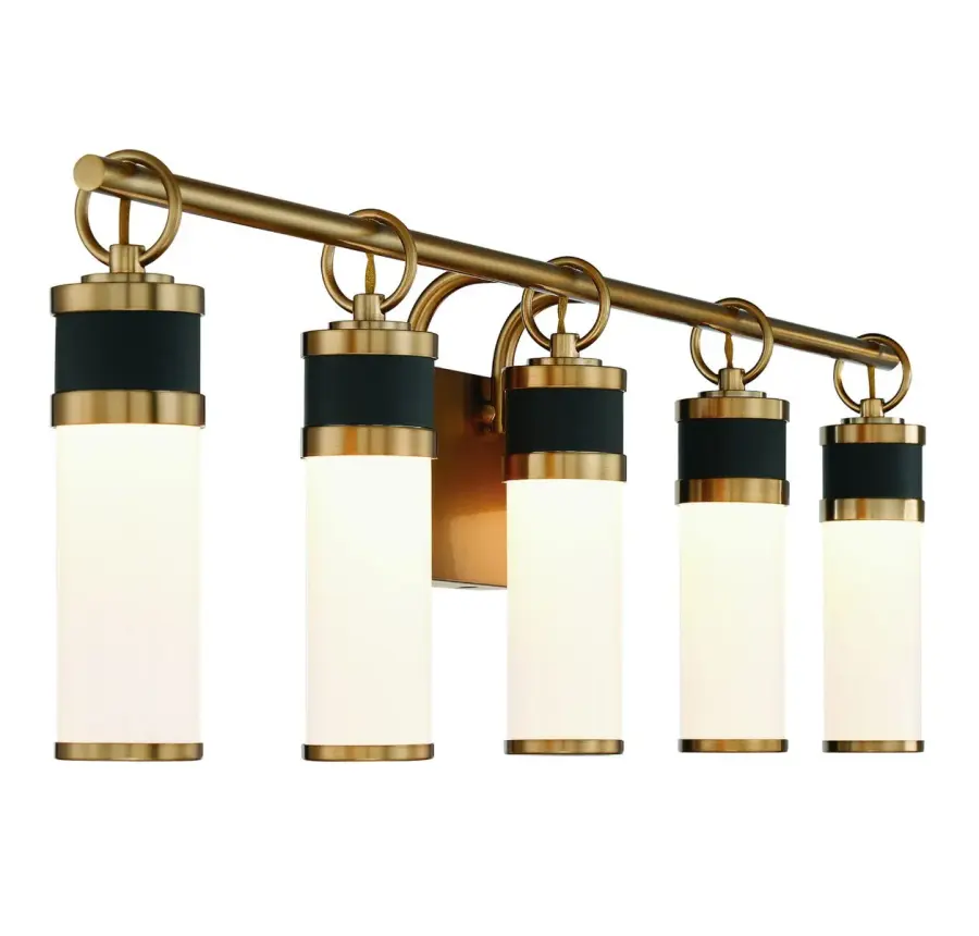 Abel 5-Light LED Bathroom Vanity Light in Matte Black with Warm Brass Accents - Image 4