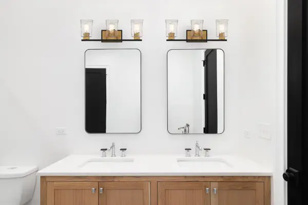 Sidney 3-Light Bathroom Vanity Light in Matte Black with Warm Brass Accents - Image 8