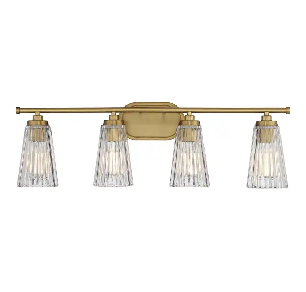 The Chantilly vanity light combines textured clear ribbed glass shades with a sophisticated warm brass finish, creating a perfect blend of traditional elegance and contemporary style for modern bathrooms.