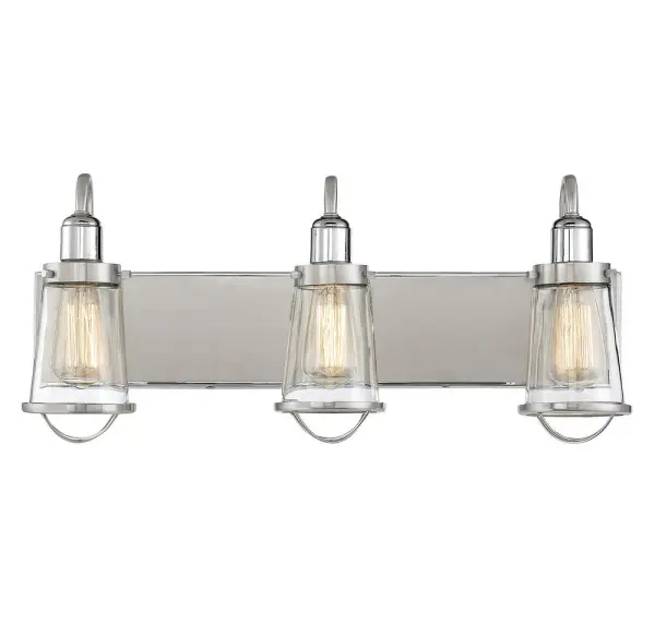 The Lansing bath bar combines vintage industrial charm with modern functionality. Its cage-like glass shades and mixed nickel finishes create visual interest while providing excellent task lighting for vanity areas.