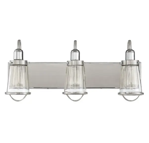 The Lansing bath bar combines vintage industrial charm with modern functionality. Its cage-like glass shades and mixed nickel finishes create visual interest while providing excellent task lighting for vanity areas. - alternate view