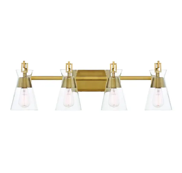 The Lakewood vanity light brings Italian midcentury modern elegance to bathroom spaces with its distinctive conical clear glass shades and angular shepherd's hook design. The warm brass finish adds sophistication while the damp rating ensures durability.