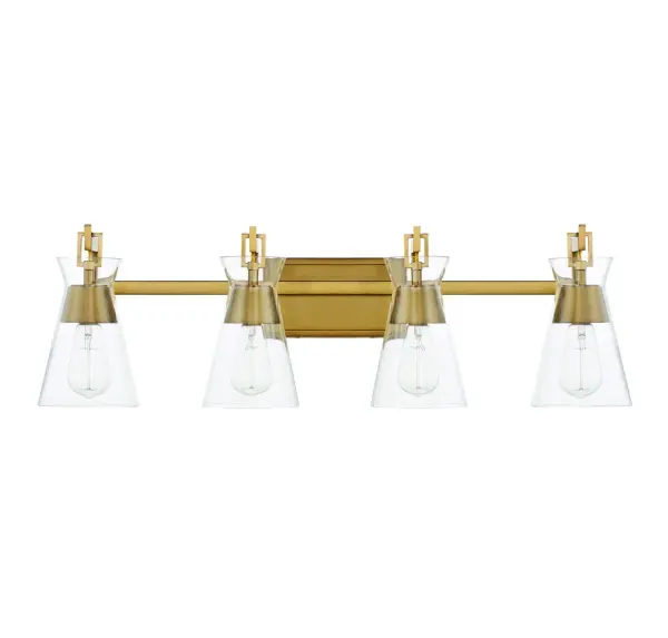 The Lakewood vanity light brings Italian midcentury modern elegance to bathroom spaces with its distinctive conical clear glass shades and angular shepherd's hook design. The warm brass finish adds sophistication while the damp rating ensures durability. - alternate view