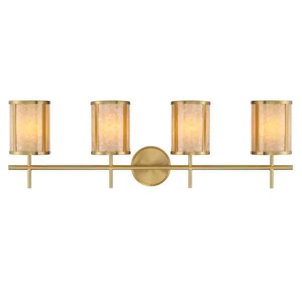 The Camden brings coastal elegance to bathroom lighting with distinctive shell-accented glass shades and a rich Warm Brass finish. Its 33.75-inch width makes it ideal for double vanities, while the reversible installation offers design flexibility.