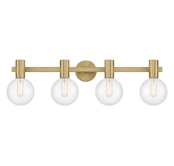 The Wright vanity light delivers clean, contemporary style with its linear design and warm brass finish. Four clear glass globes provide ample illumination for larger bathrooms while the damp rating ensures durability.
