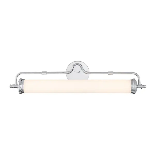 The Keller vanity light combines vintage character with modern LED technology. Its opal white glass tube and curved arm with hardware detailing create a clean, tailored look perfect for contemporary bathrooms.
