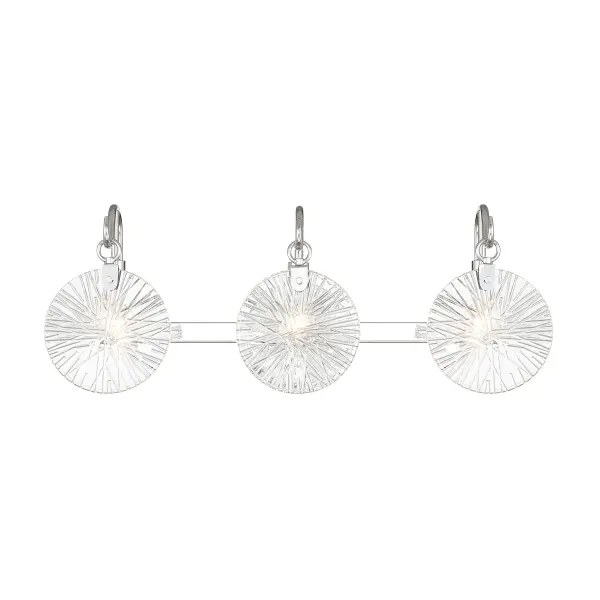 The Addison 3-light bath bar combines contemporary styling with functional illumination. Its hook-style arms and flat starburst glass shades create visual interest while the polished chrome finish adds a clean, reflective quality perfect for modern bathrooms.