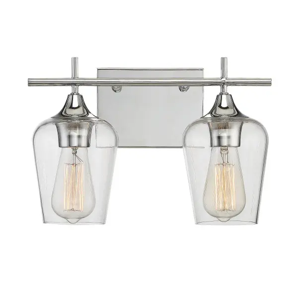 The Octave bath bar delivers understated elegance with curved clear glass shades and polished chrome finish. Its reversible mounting and compact 13.75-inch width make it ideal for small to medium bathrooms and powder rooms.
