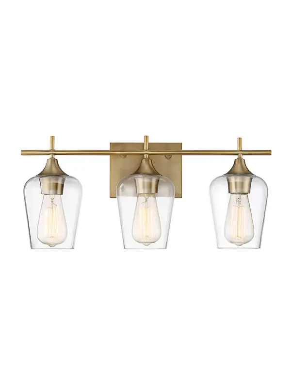 The Octave bath bar combines understated elegance with versatile functionality. Its curved clear glass shades and warm brass finish create a sophisticated look that works beautifully in contemporary, transitional, or glam bathrooms.