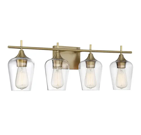The Octave bath bar combines understated elegance with versatile functionality. Its curved clear glass shades and warm brass finish create a sophisticated look that works beautifully in contemporary, transitional, or glam bathrooms. - alternate view